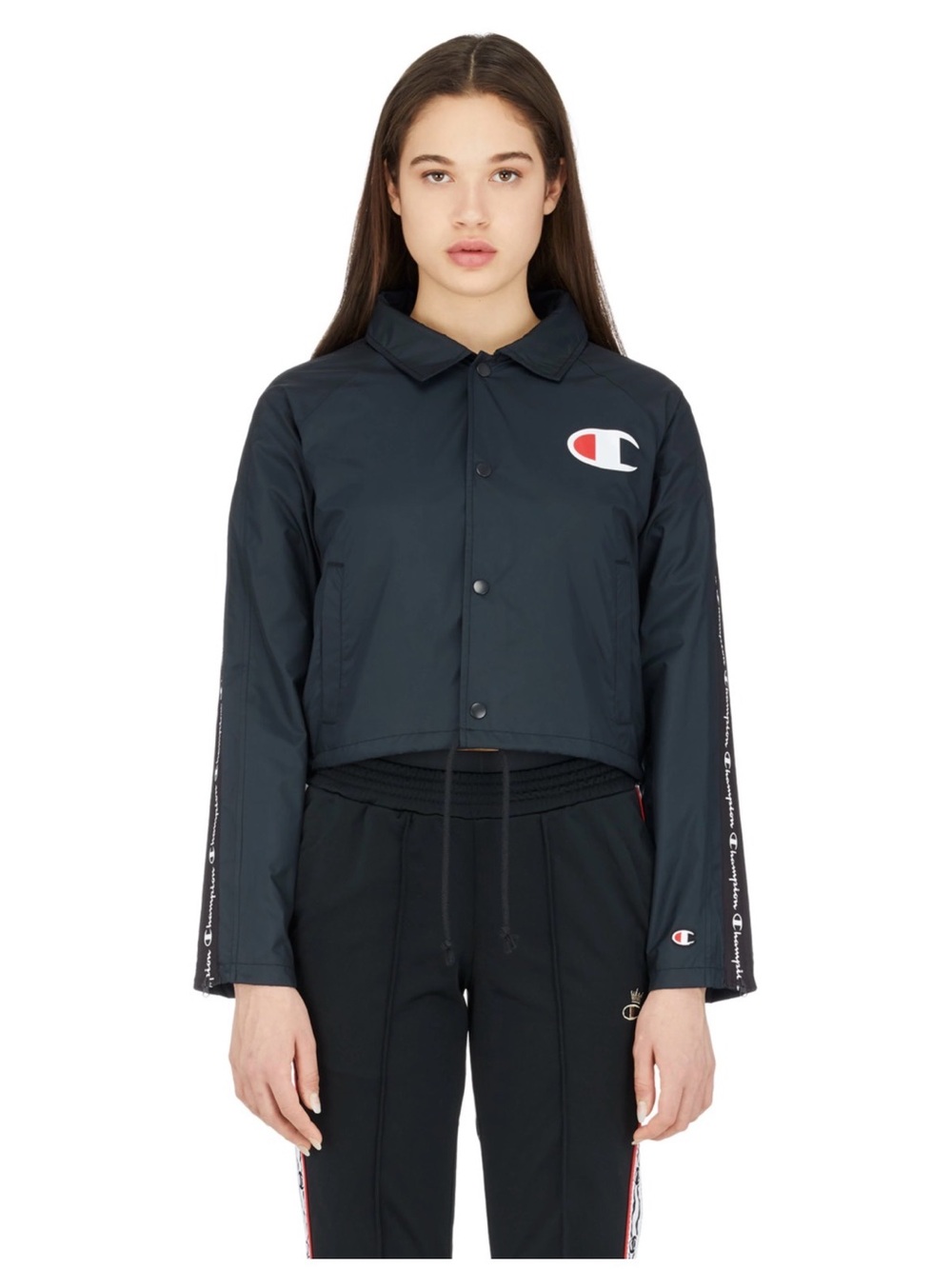 Champion Black Cropped Windbreaker Jacket Small Mesh Lined Logo Tape Coach